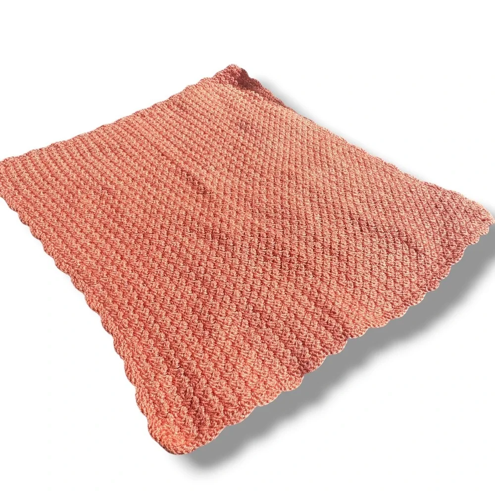 Handmade Crochet Baby Blanket Terracotta Coral Scalloped Popcorn Stitch 29x24